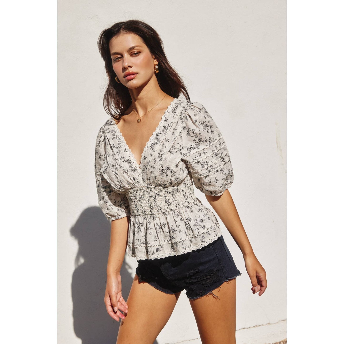 Brunch Babe Lace Trim Smocked Waist Peplum Top: BROWN/IVORY / FT11895-CP335-R