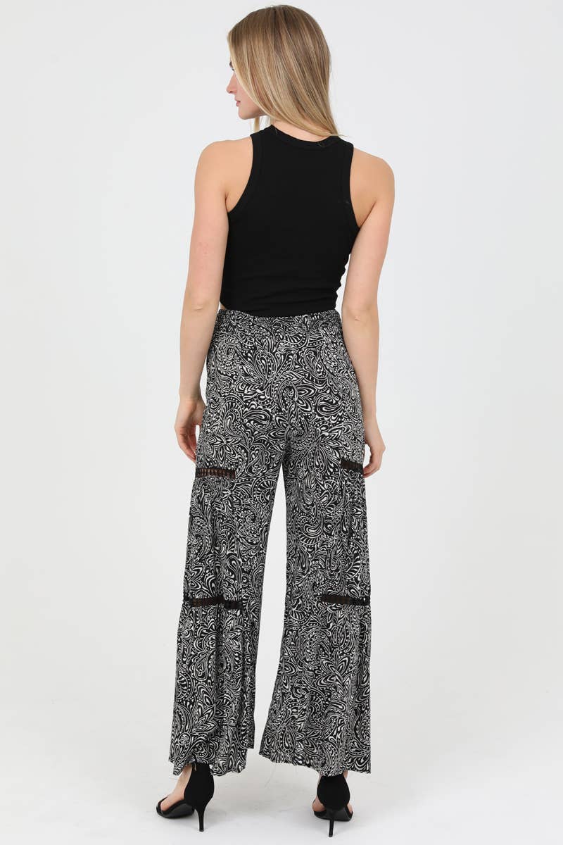 25R84-A877 SMOCKED WAIST PRINTED WIDE LEG PANTS WITH TIERS