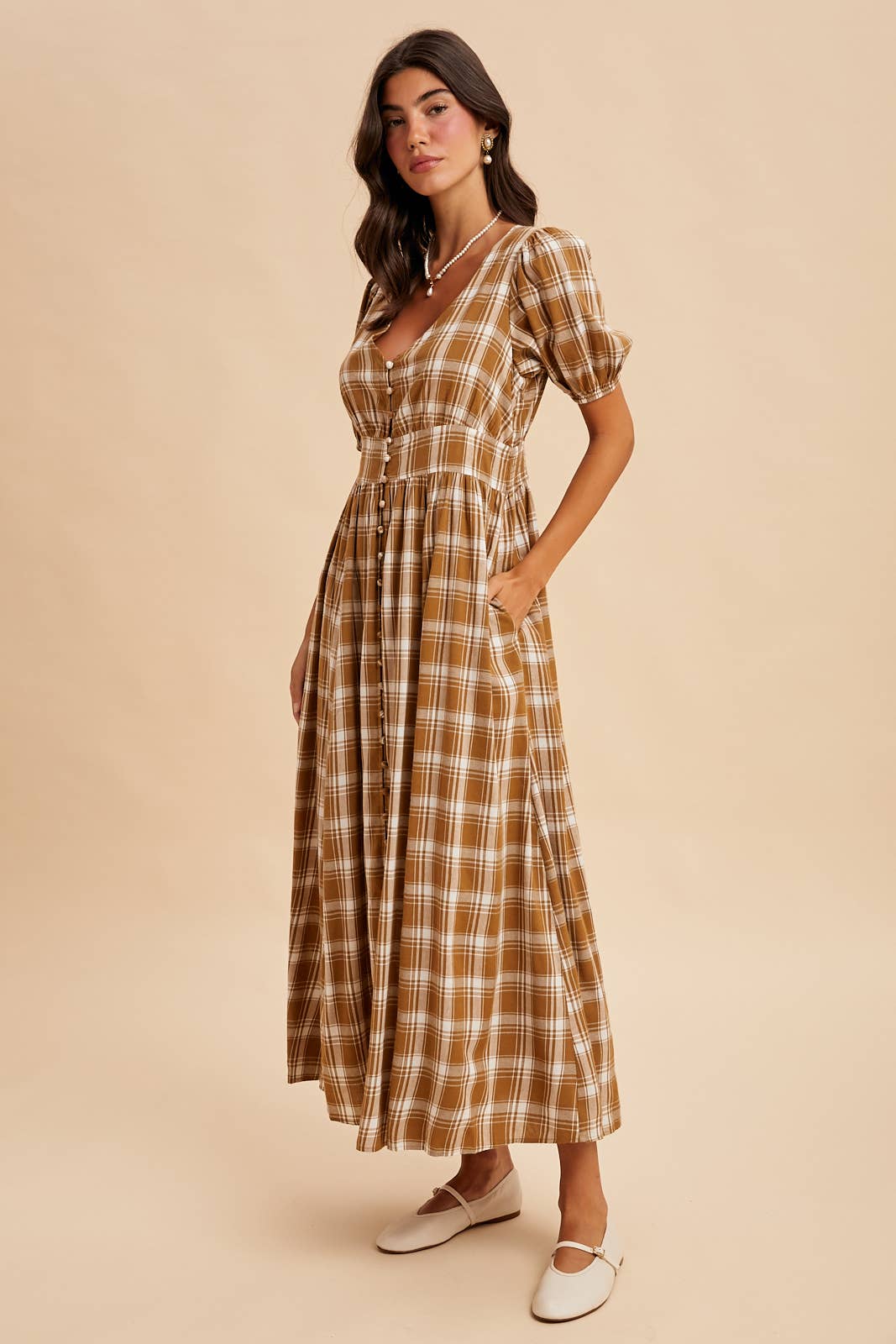 PLAID BUTTON DOWN MAXI DRESS: CHESTNUT / ILD6400