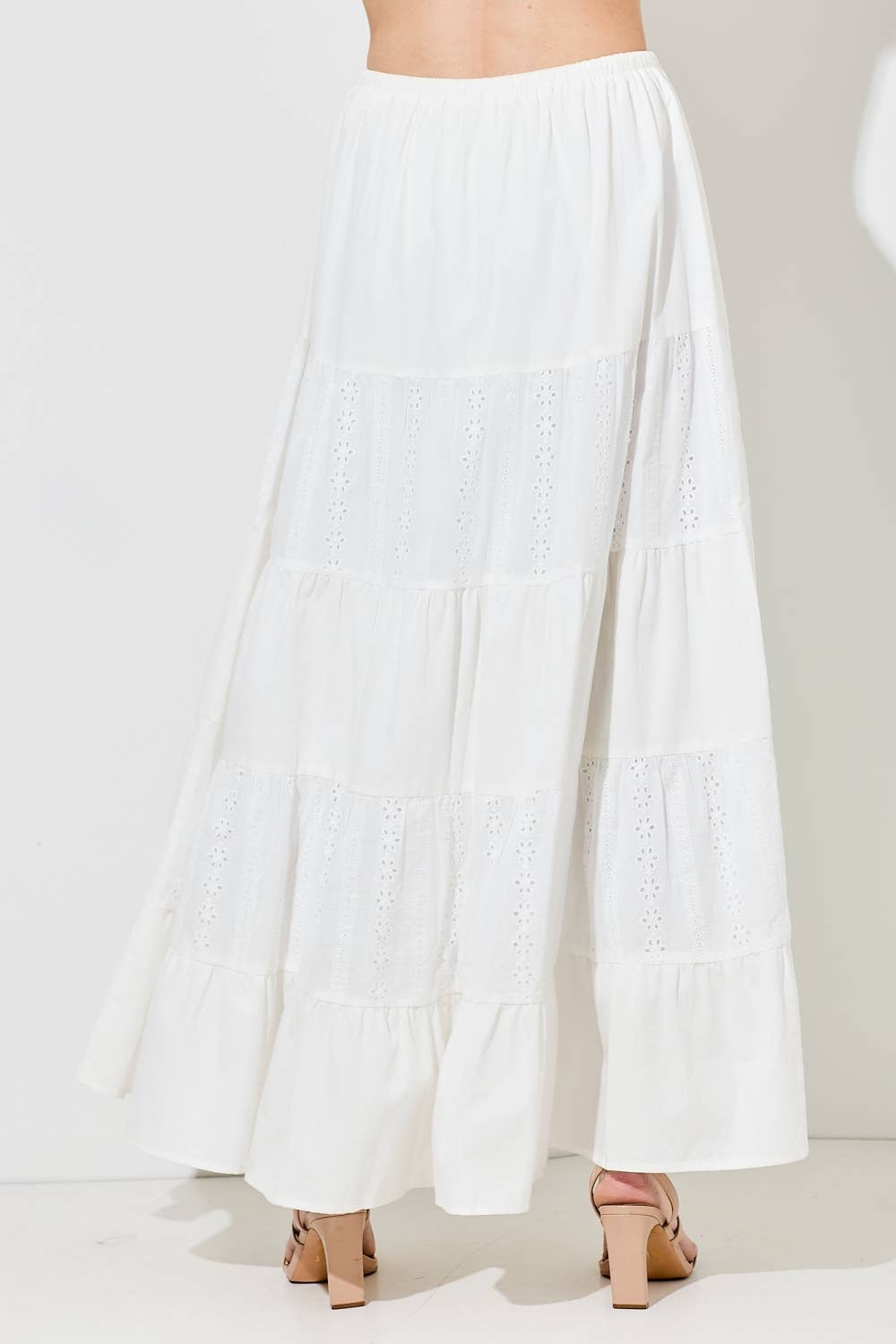 COTTON EYELET MIX MAXI SKIRT: IVORY / BK1243-F