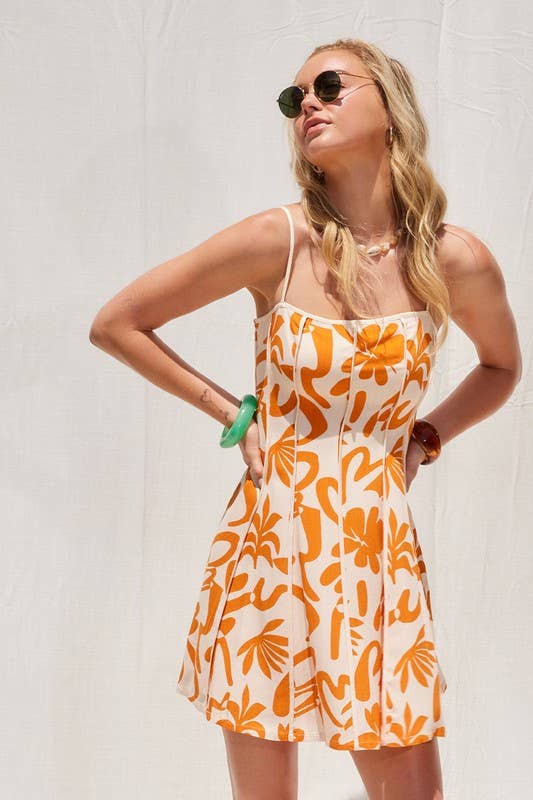 Printed Contrast Binding Dress: Tangerine / IM8717A