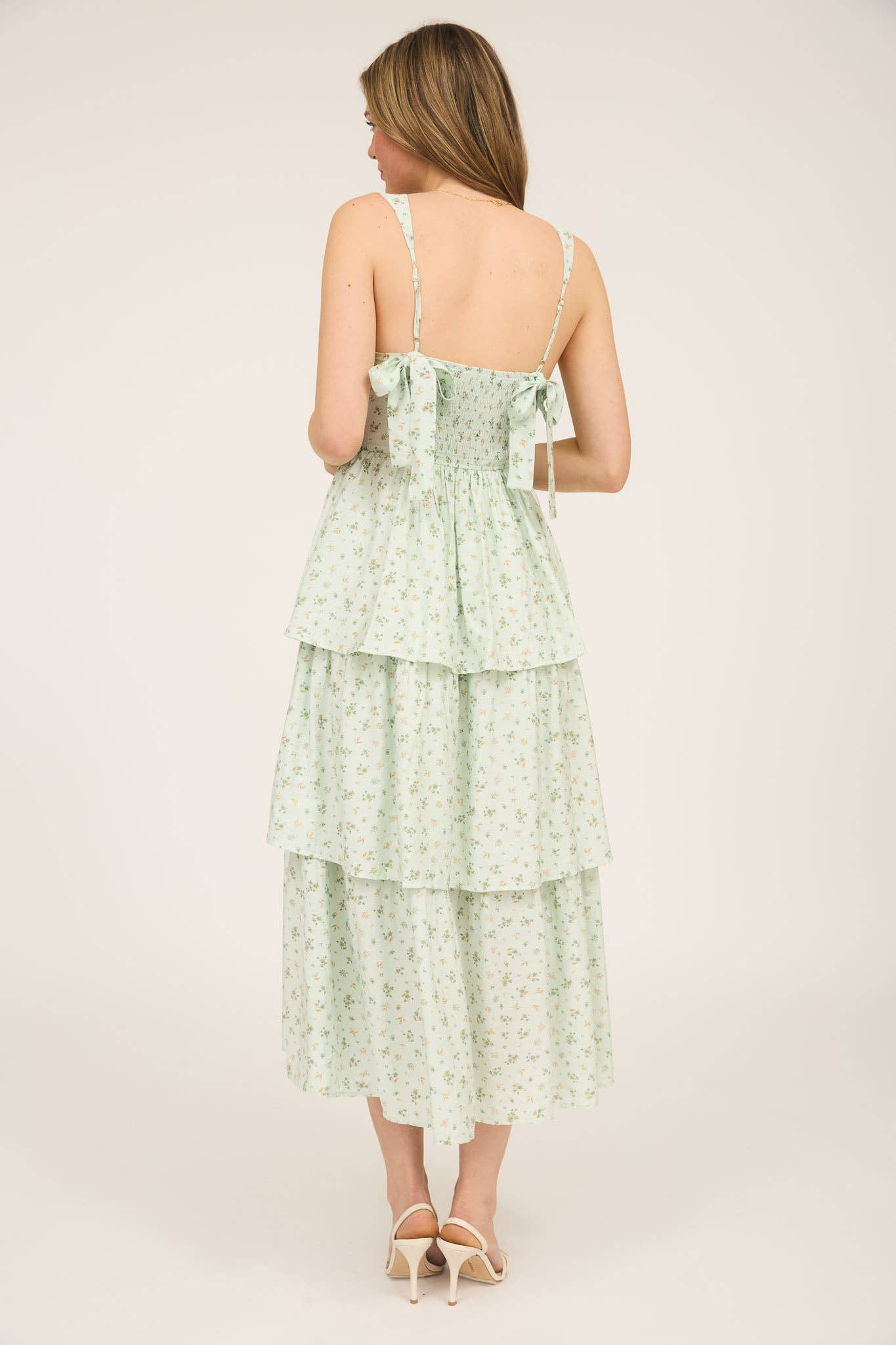 FLORAL SLEEVELESS CORSET RUFFLE TIERED MIDI DRESS: BLUE TB8824
