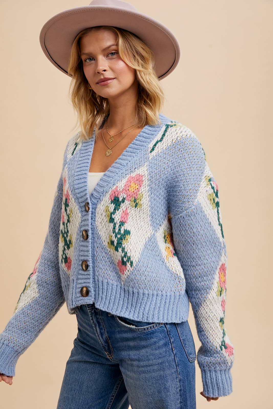 CROPPED CHUNKY FLORAL CARDIGAN: TAUPE / ILS8908