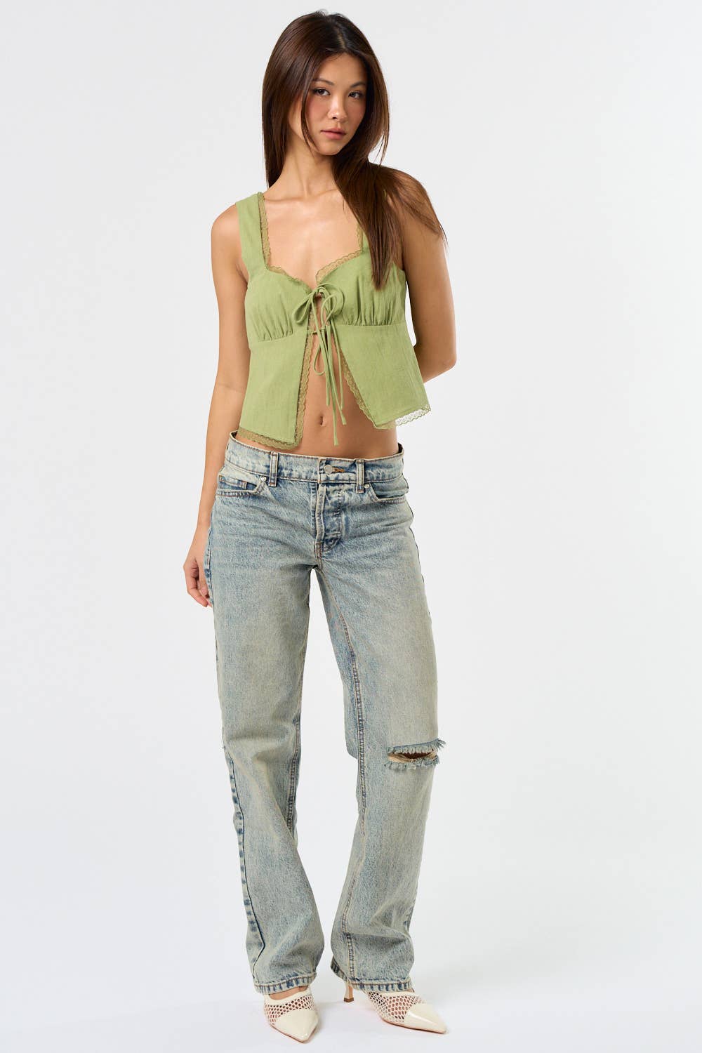 IBT29065 TANK TOP W FRONT TIE AND POLY TRIM DETAIL: OFF WHITE