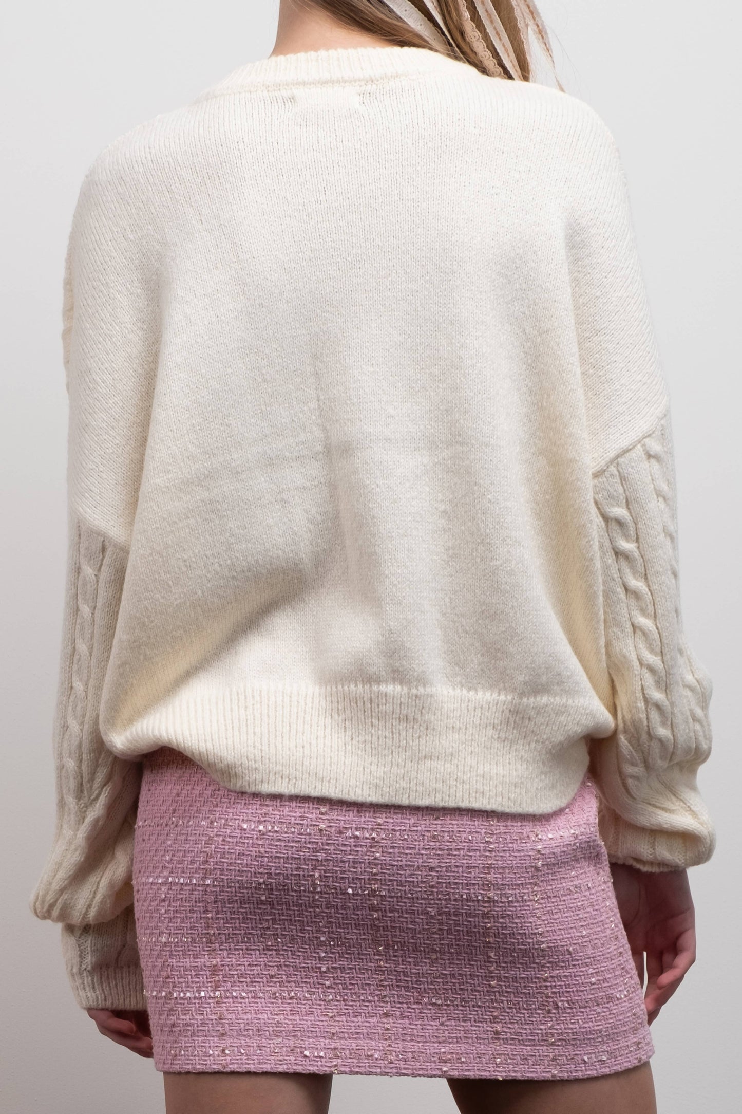 BOW DETAIL CABLE KNIT PULLOVER SWEATER: IVORY CR2409_IVORY