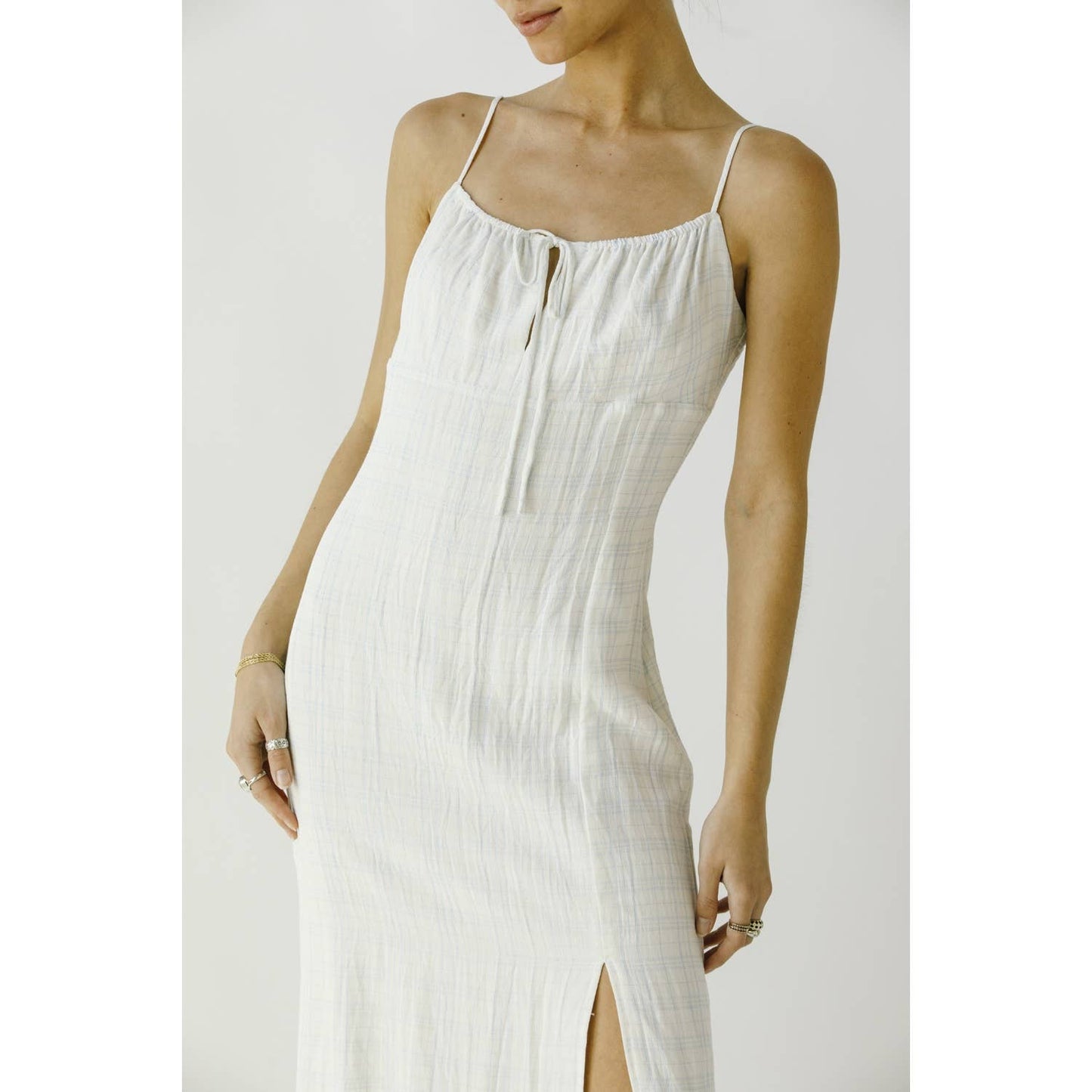 JD5781A- LIGHT PLAID PRINT MIDI DRESS: WHITE BLUE STRIPE