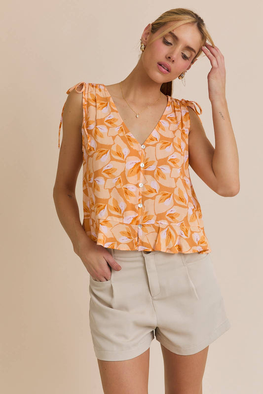 V-NECK BUTTON UP SLEEVELESS TIE DETAIL FLORAL PRINT TOP: ORANGE ET2254