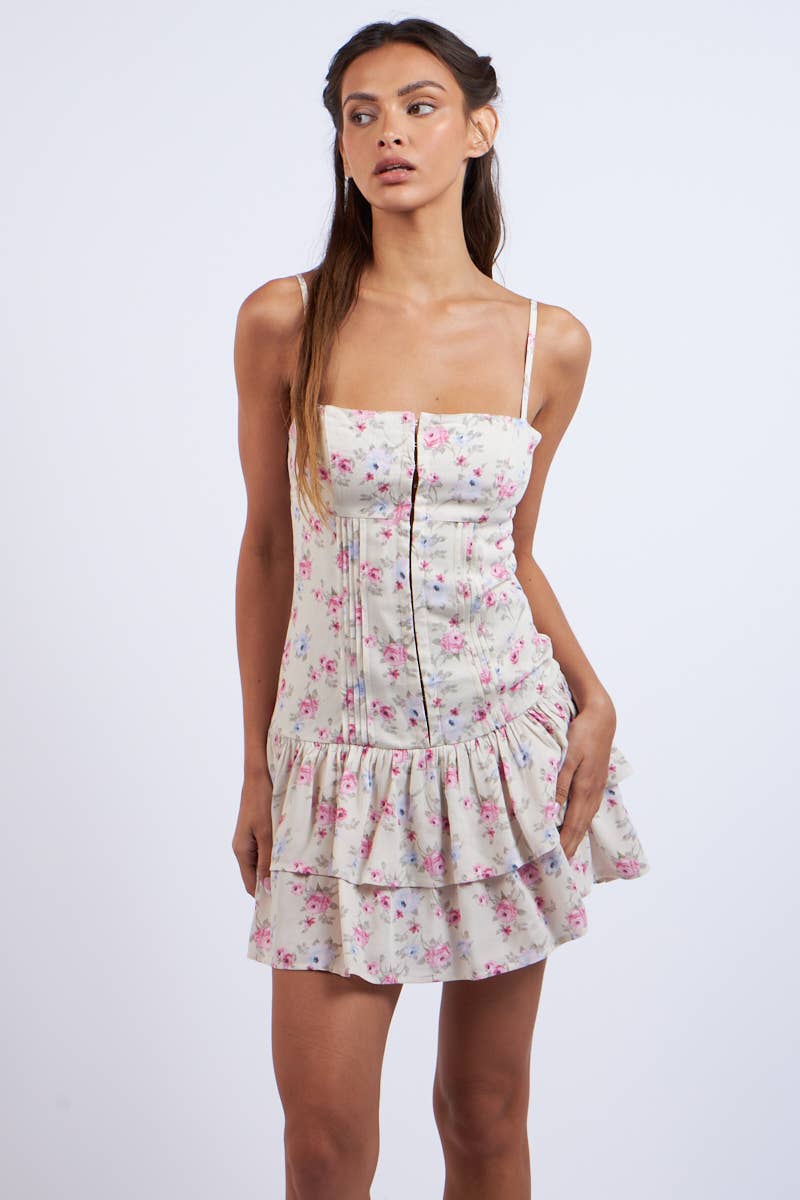 BLUE-PINK FLORAL HOOK&EYES LAYERED MINI DRESS: Berries Floral / SM-D20748F