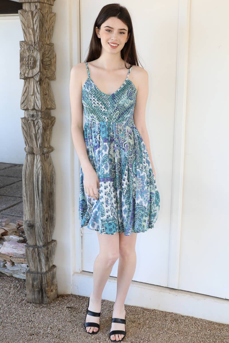 F4J69-W909 SMOCKED V NECK SUNDRESS