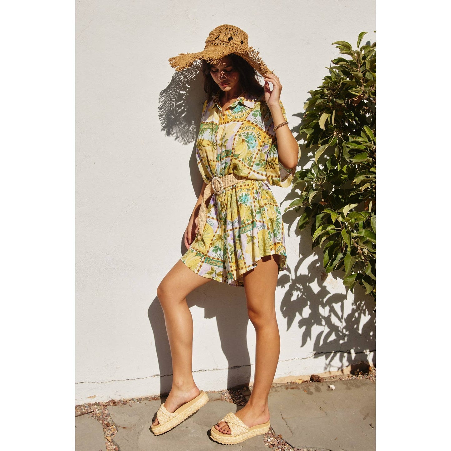 Isla Palma Button Up Rattan Belt Romper: TROPICAL SUN / FR10843-P1978
