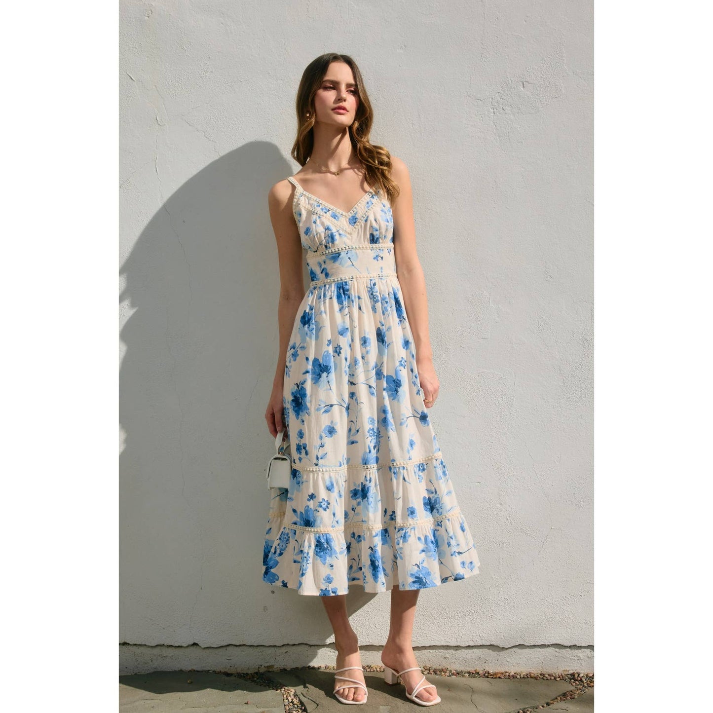 Azure Blossom Lace Trim Tiered Maxi Dress: BLUSHED BLUE / FD12907-P2127