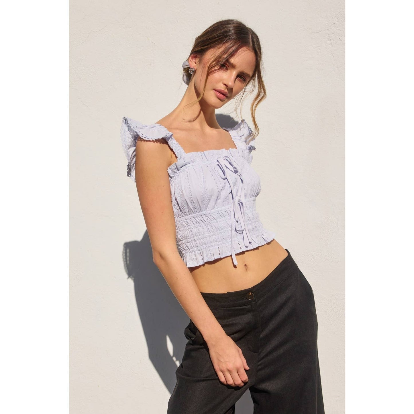 Sunbeam Eyelet Lace Trim Flutter Sleeve Top: CASHMERE BLUE / FT12699-CP486_1