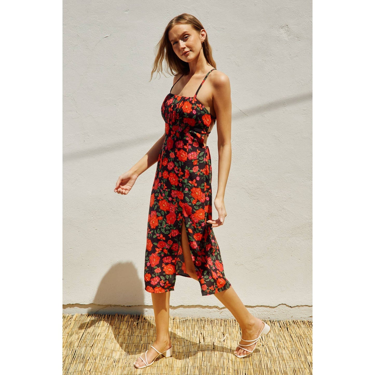 FD10227-P1626 Hearts On Fire Tie Back Midi Dress: NIGHTFALL CAMELLIA