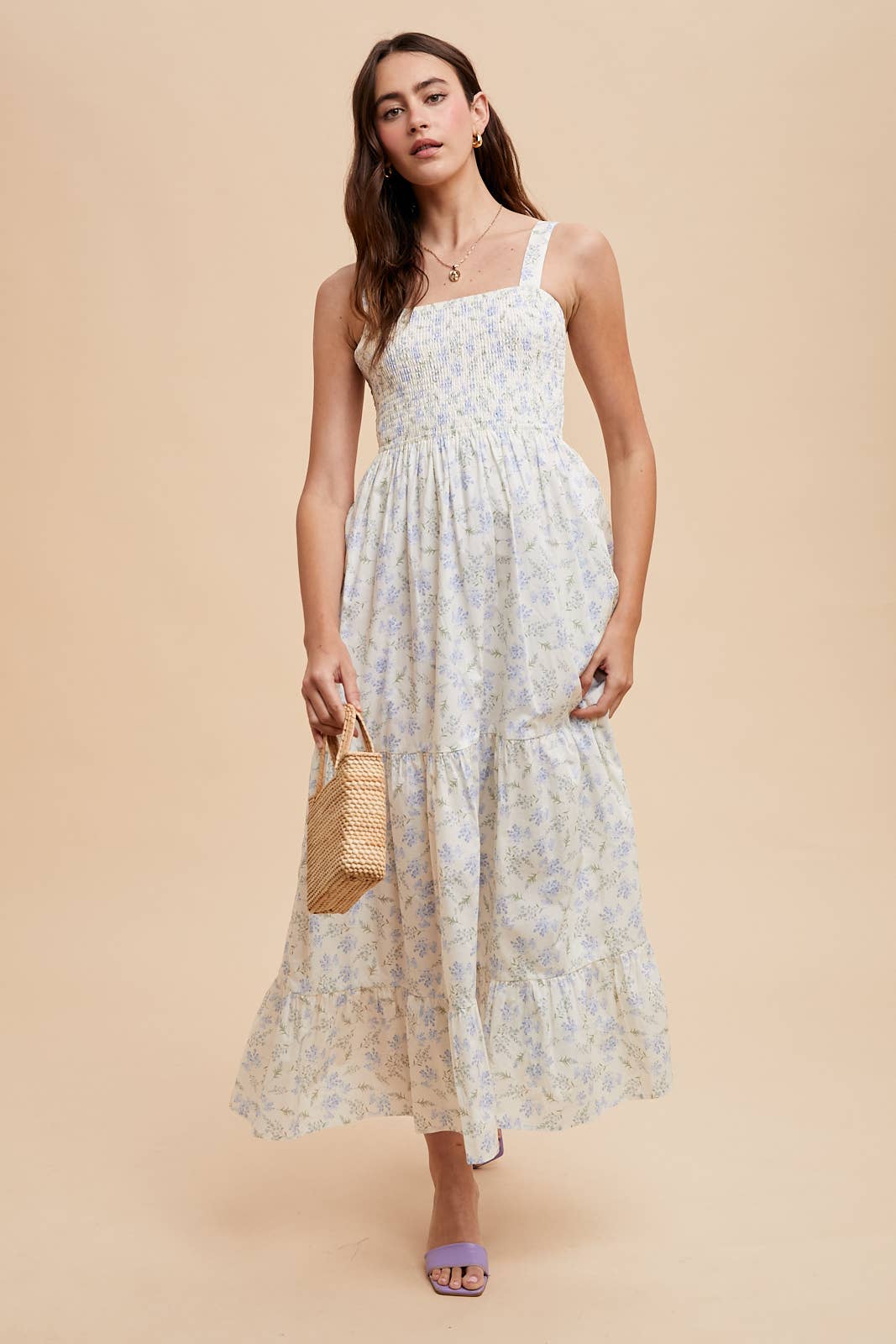 SMOCKED COTTON FLORAL MAXI DRESS: FRENCH BLUE / ILD6312-A
