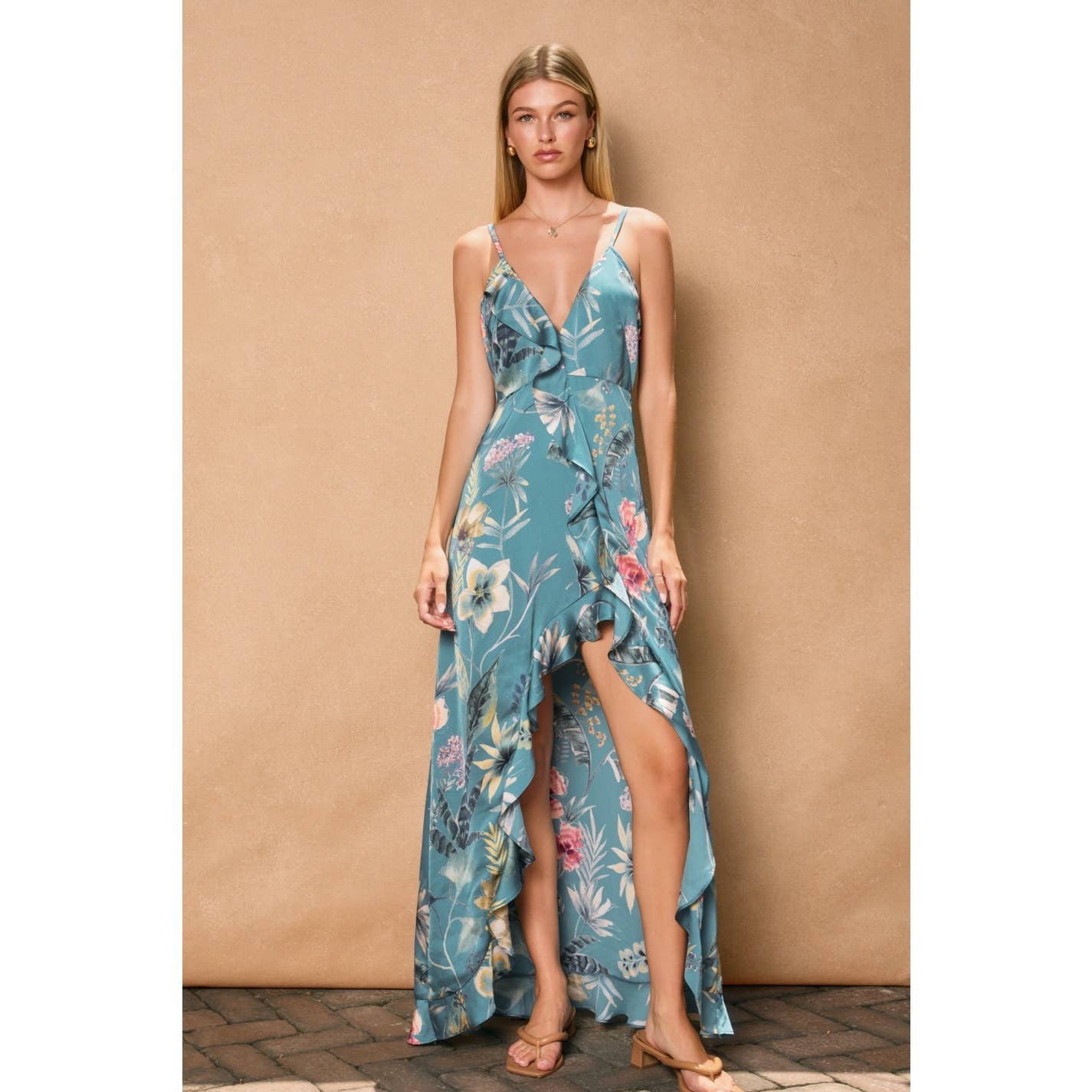 Palm Sky Asymmetrical Ruffle Maxi Dress: AMAZON BLUE / S-M-L(2-2-2)
