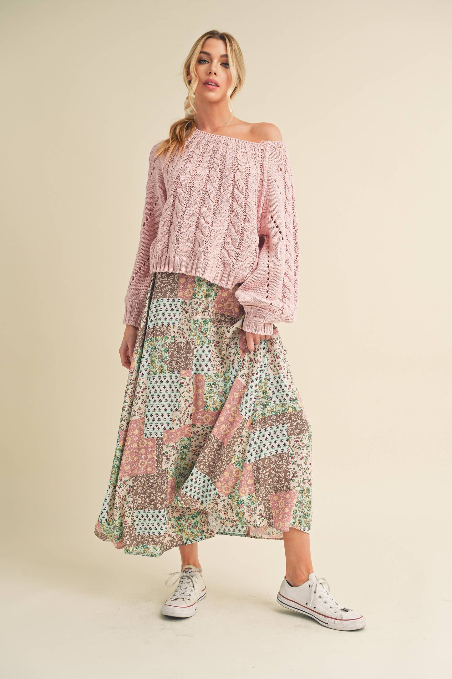 773DN-C6 Bradyn Patchwork Print Skirt / Mint/Pink