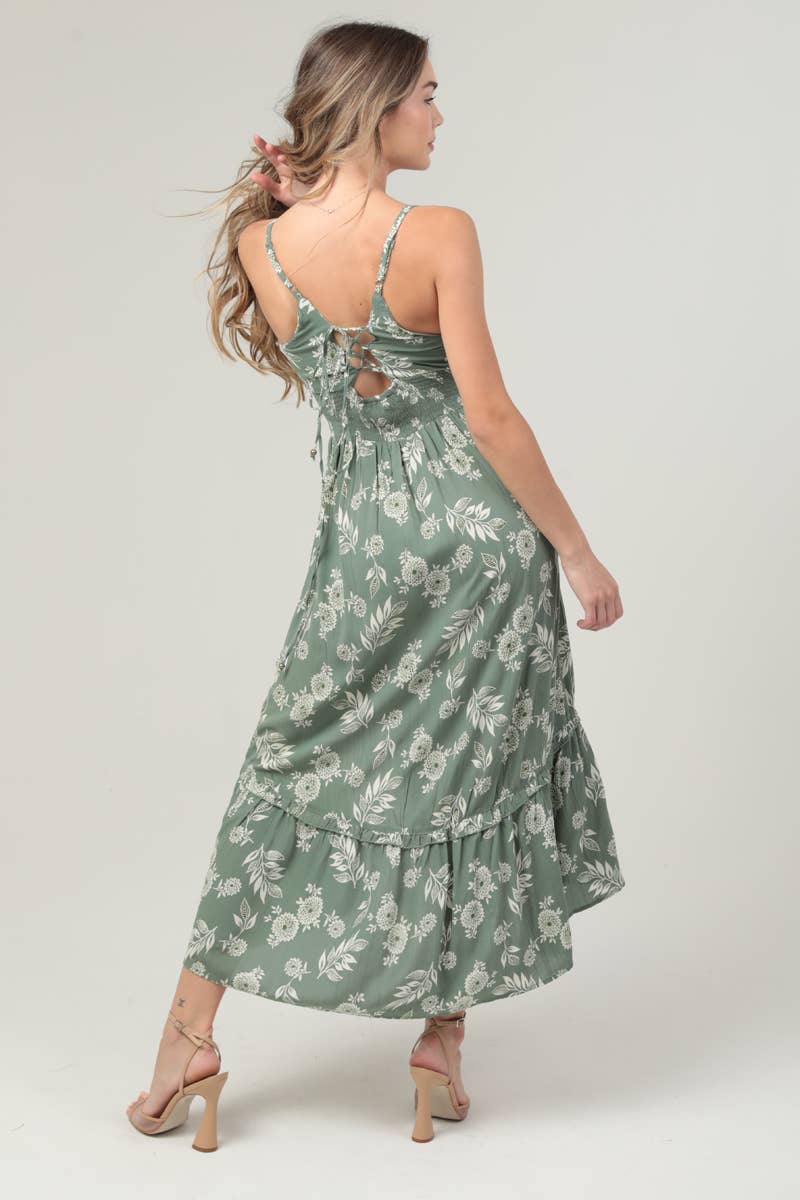 C4729-W801 V NECK LACE UP BACK SIDE SLIT MAXI DRESS
