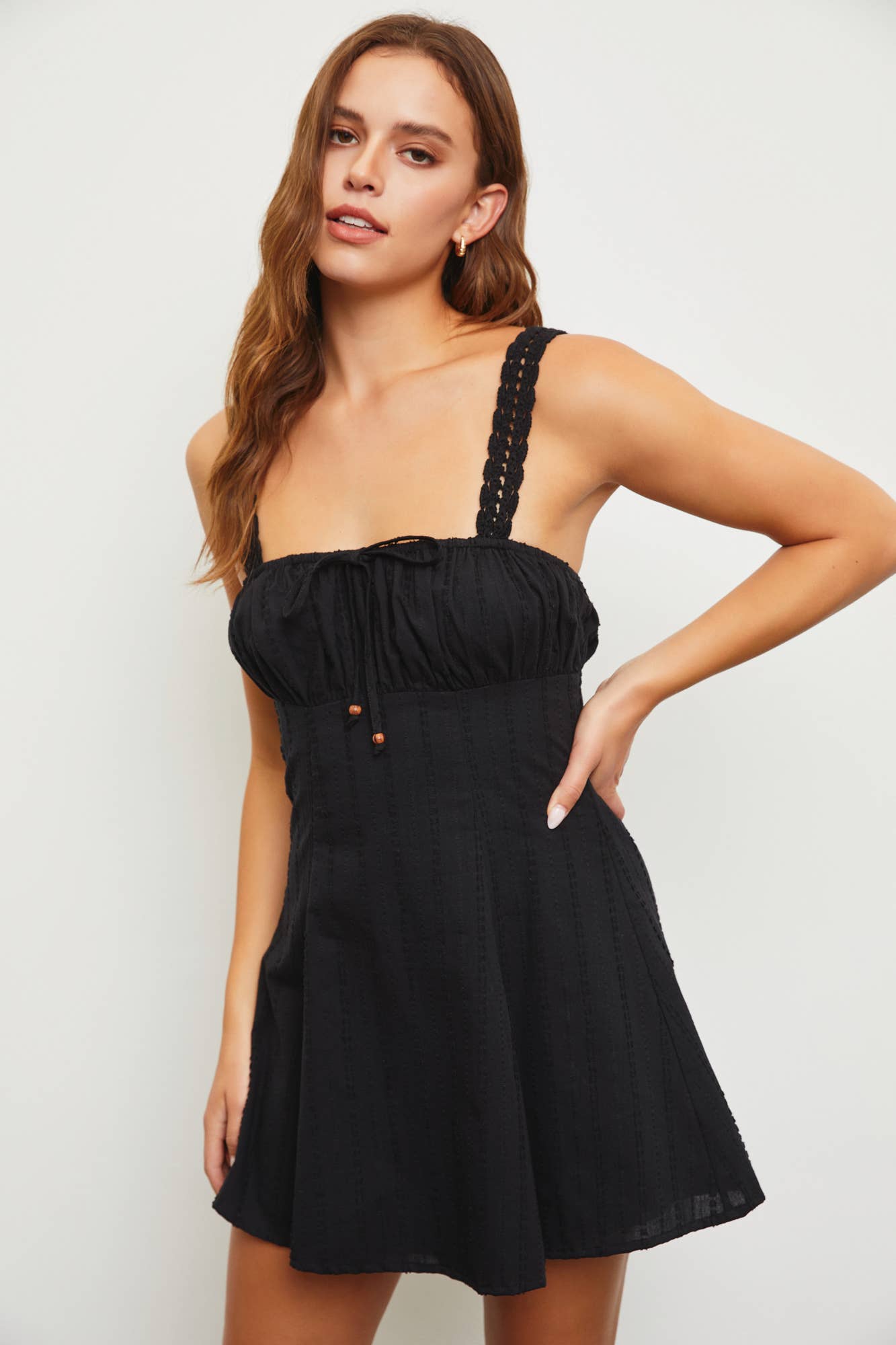 S22923 CROCHET TRIM STRAP MINI DRESS / White