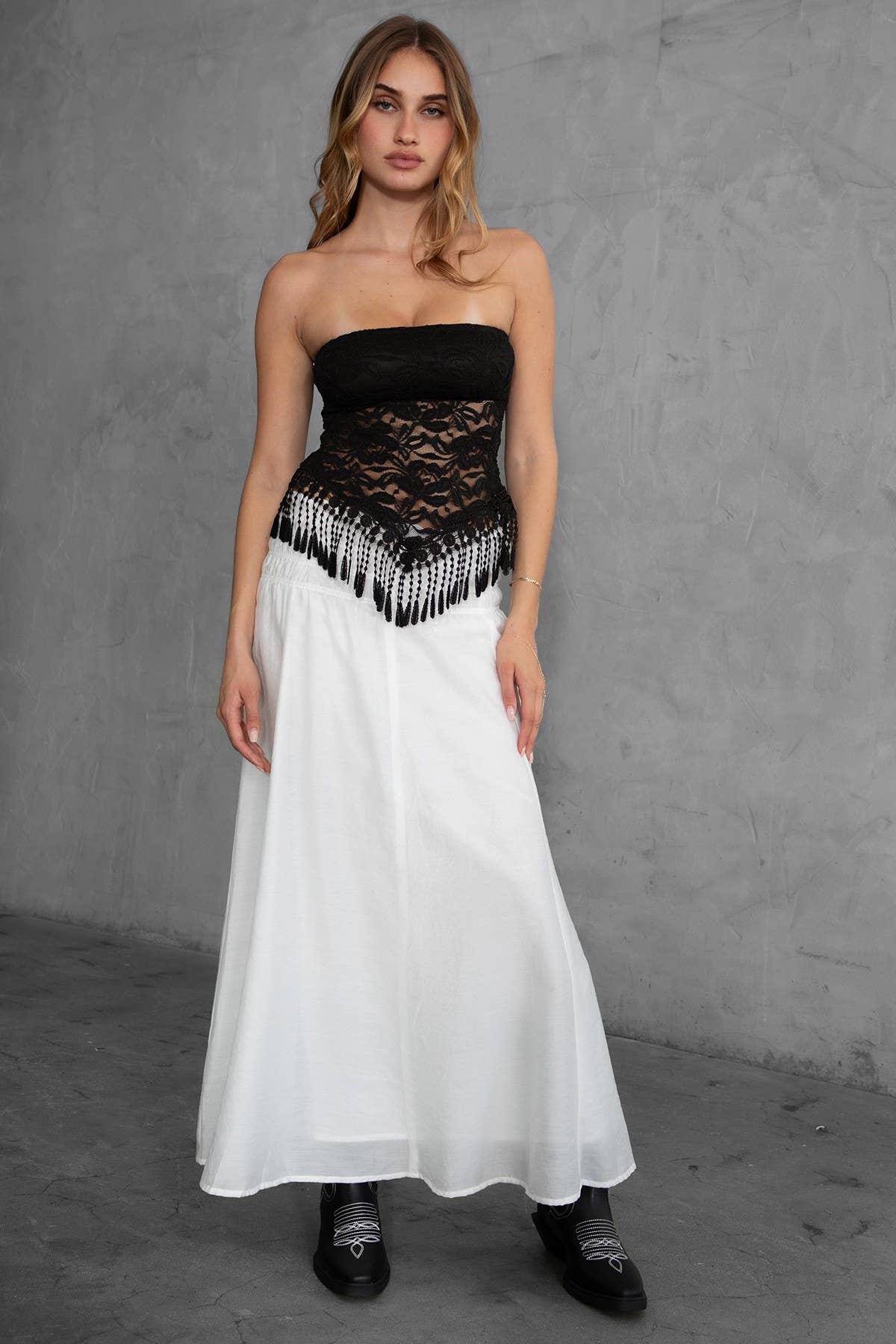WILDER Floral Lace Mesh Fringe Strapless Bandeau Top: Cream / TC30754-WILDER-CREAM