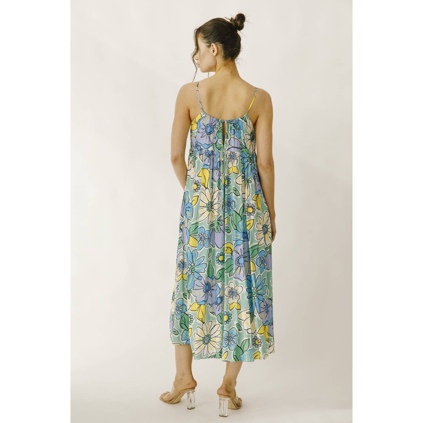 JD4711-1- LARGE BRIGHT FLORAL BABY DOLL MIDI DRESS: GREEN
