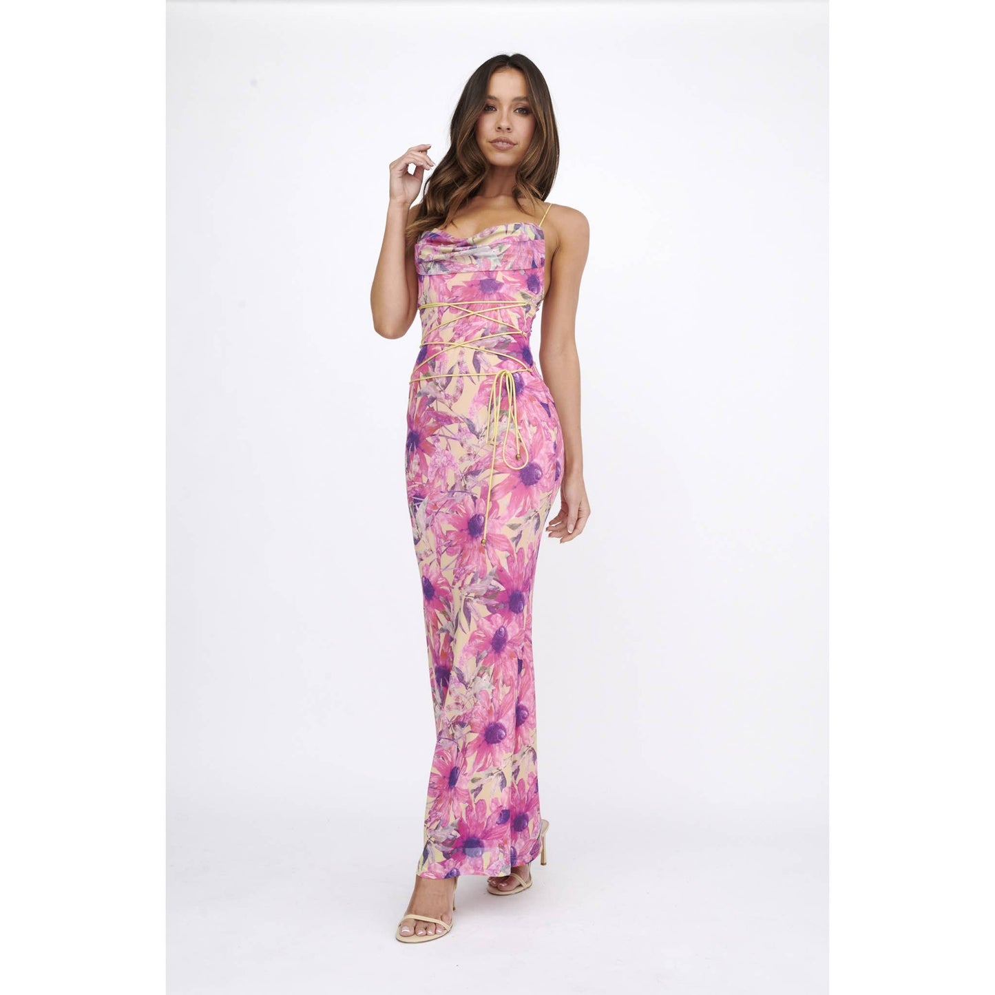 COWL NECK LACE FRONT DETAIL MAXI DRESS: PINK / ME0196DM09