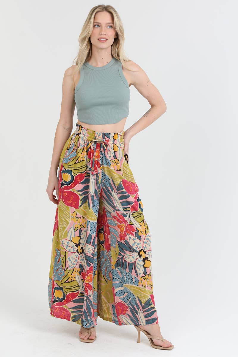 25T20-A865 TROPICAL PRINT WIDE LEG SMOCKED WAIST PANTS
