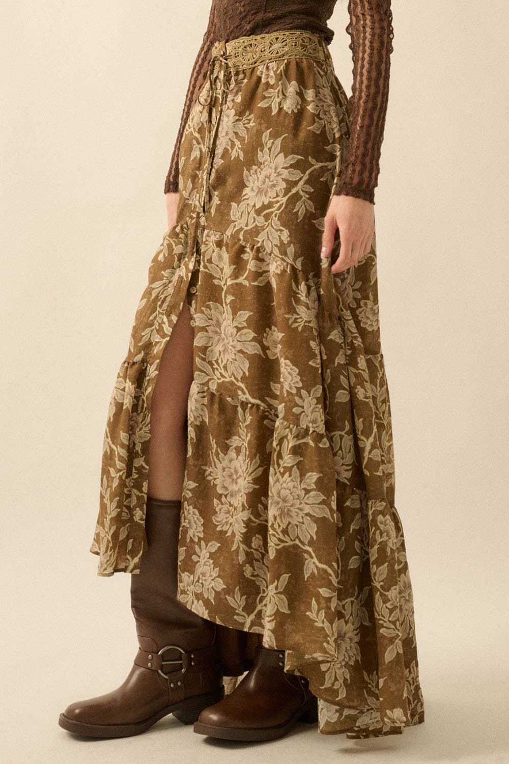 Floral Lace-Trimmed Tiered Button-Front Maxi Skirt: OLIVE BROWN / FSC0134