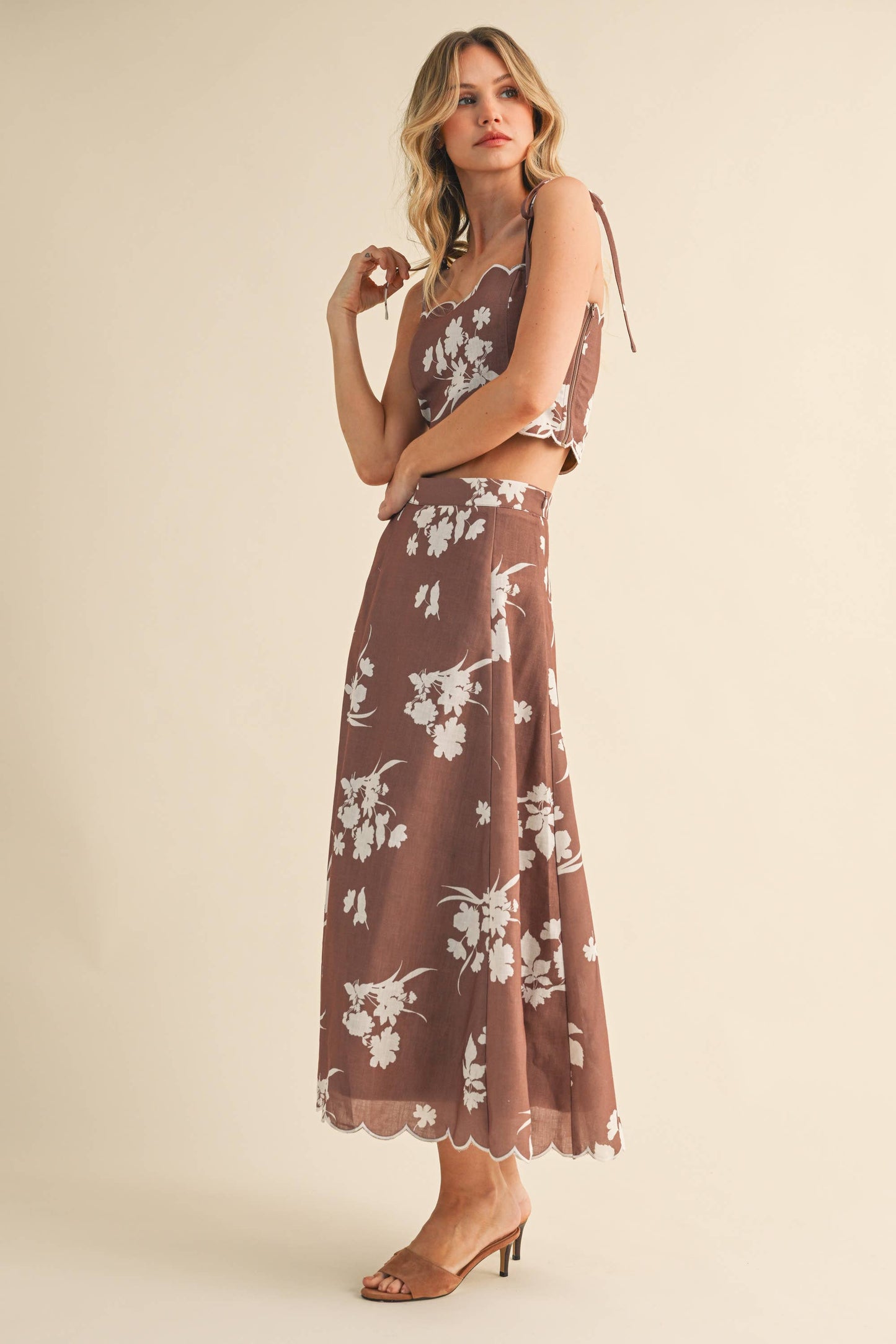 Top onlyyy💖 IST5941 FLORAL SCALLOPED CROP TOP AND MIDI SKIRT SET: IVORY/SAGE