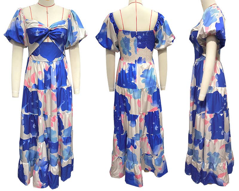 Puff off the shoulder twist floral prairie maxi dress: Yellow / RCJY00262-Yellow
