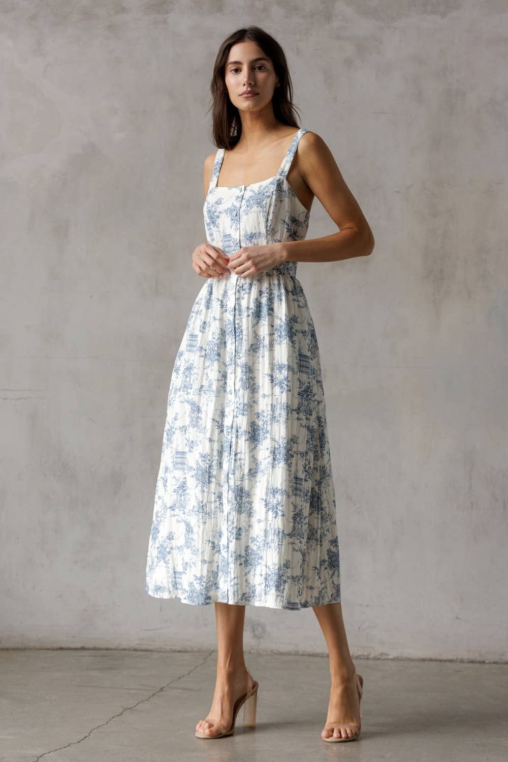 SJD7548-WHITE BLUE MIDI DRESS: WHITE/BLUE