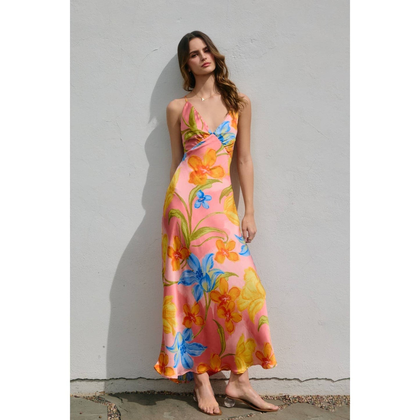 Blushing Blossom Chevron Seam Cross Back Maxi Dress: HONEYSUCKLE / FD12791-P2097_2
