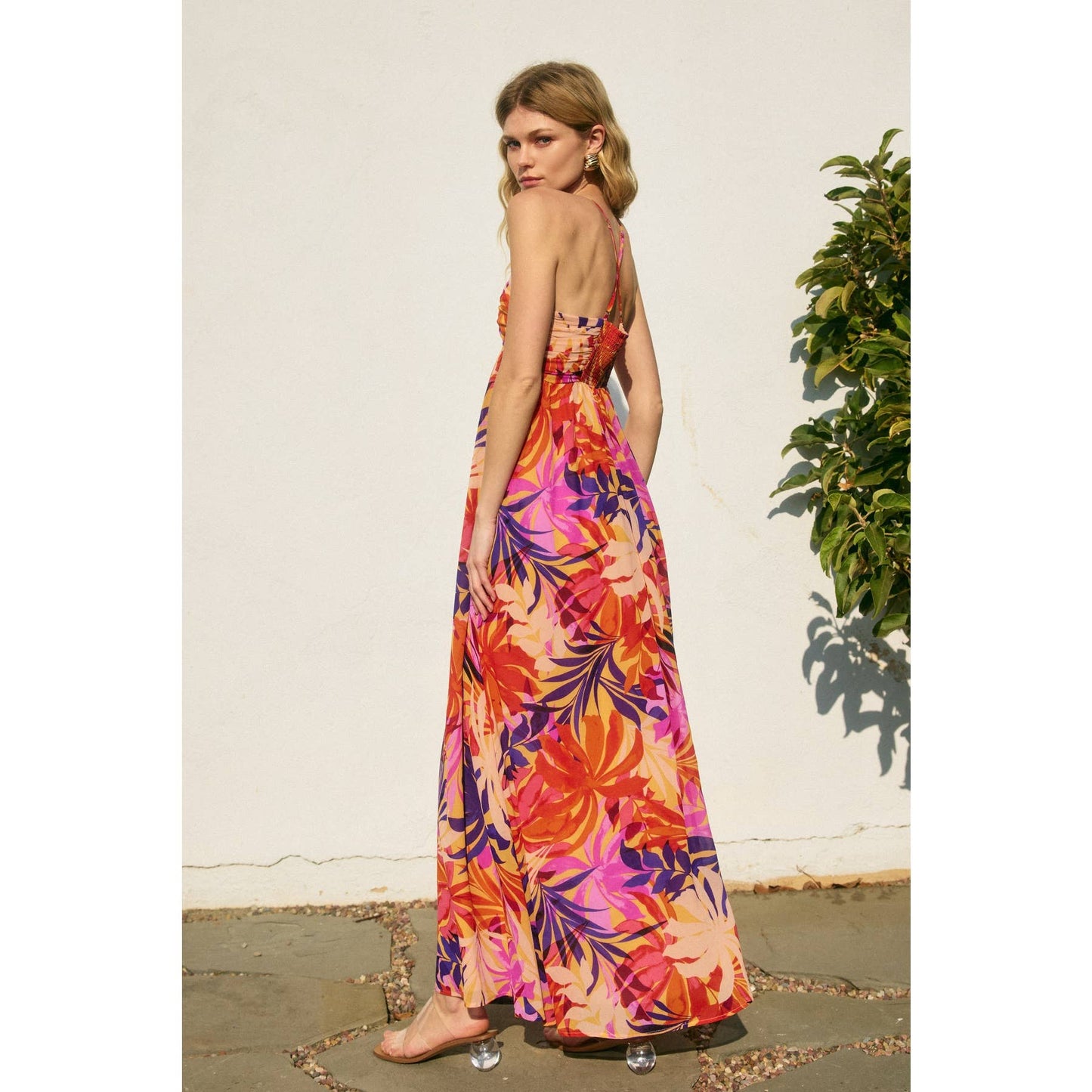Coastal Cruising Ruched Babydoll Maxi Dress: SUNSET FRONDS / FD11400-P1998