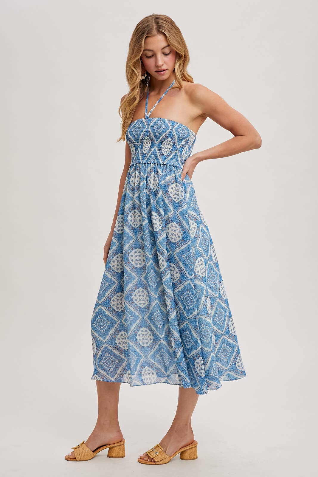 GEO PRINT SMOCKED HALTER DRESS: Green D02355