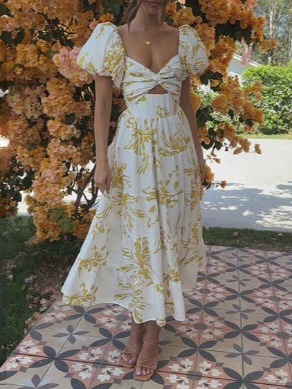 Puff off the shoulder twist floral prairie maxi dress: Yellow / RCJY00262-Yellow