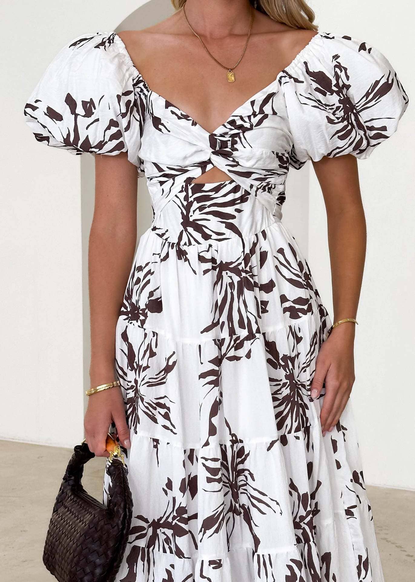 Puff off the shoulder twist floral prairie maxi dress: Yellow / RCJY00262-Yellow