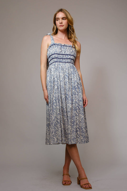 99395D - Tie Shoulder Ruched Midi Dress: NAVY / Blue B