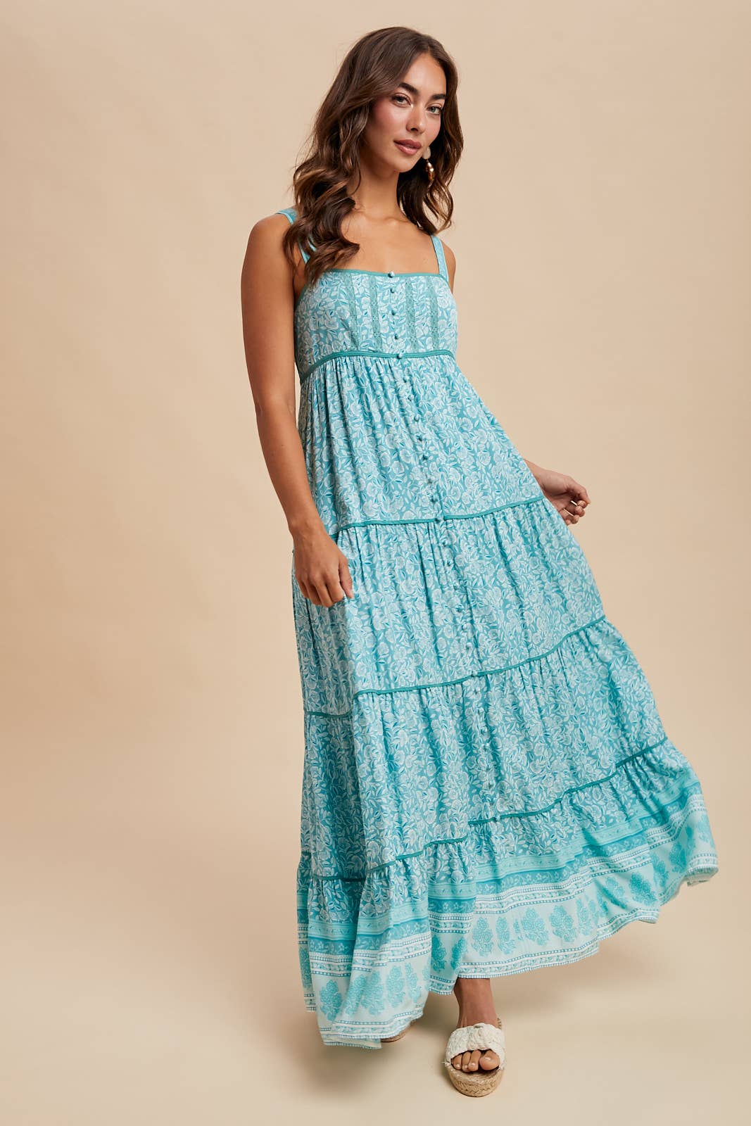 BORDER PRINT SLEEVELESS MAXI DRESS: PAPAYA / ILD6258