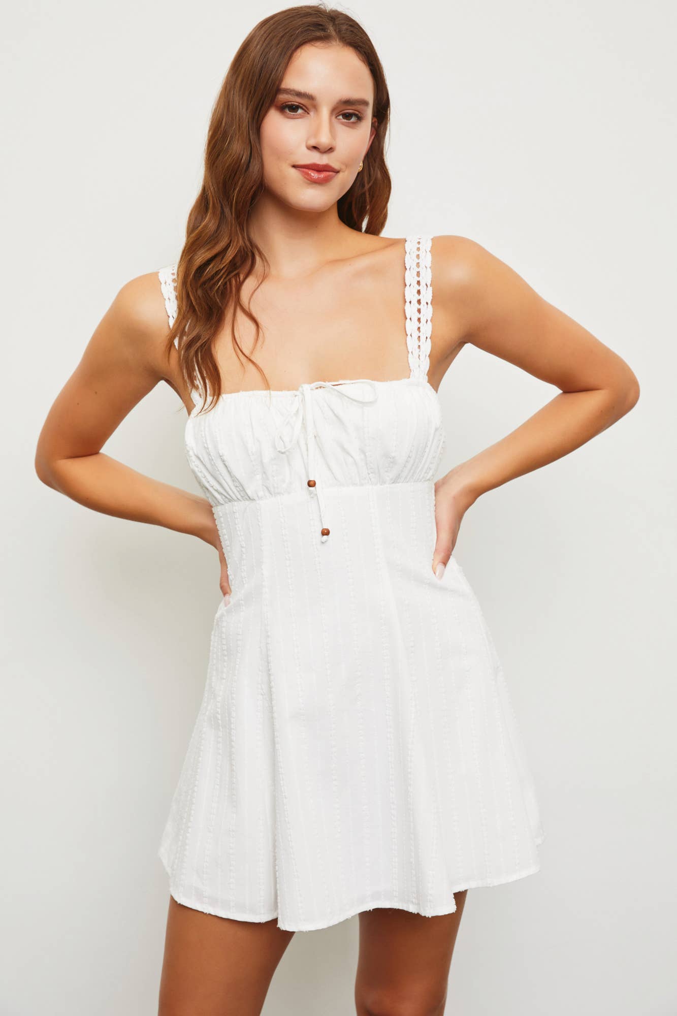 S22923 CROCHET TRIM STRAP MINI DRESS / White