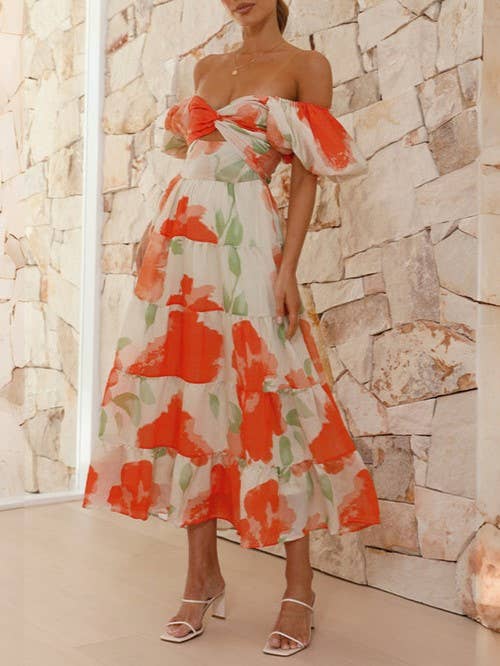 Puff off the shoulder twist floral prairie maxi dress: Yellow / RCJY00262-Yellow