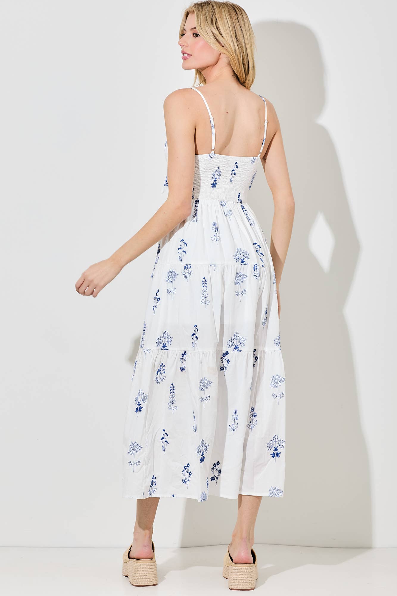 BLUE FLORAL TIE FRONT DRESS: IVORY BLUE / BD5678-B