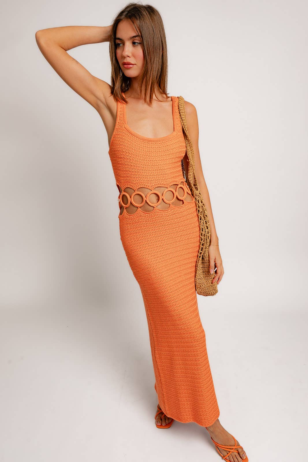 SQUARE NECK SLEEVELESS CROCHET MIDI DRESS: CREAM / MWD6871