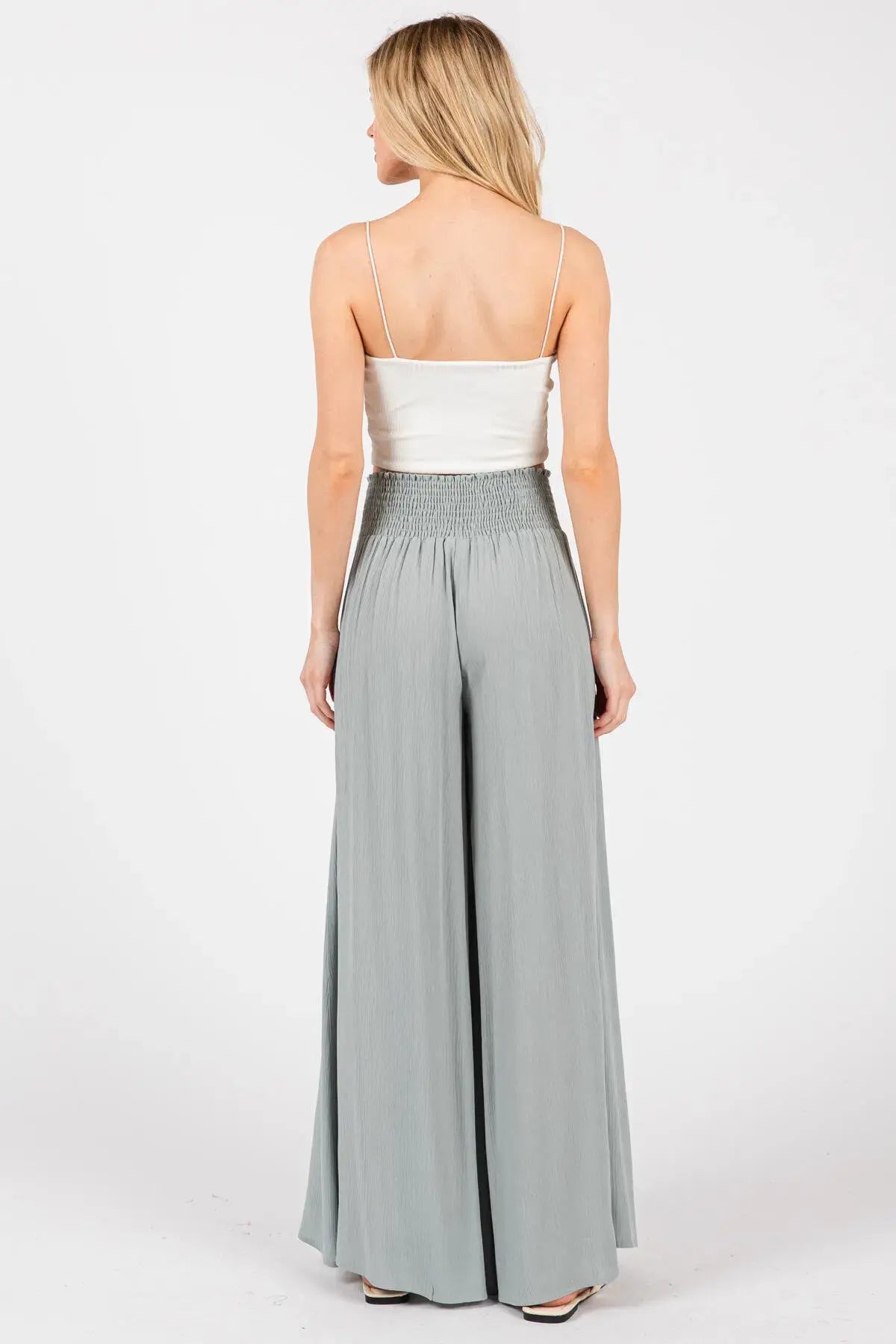 Smocked Waist Wide Leg Pants - NP16530Y: Military Green