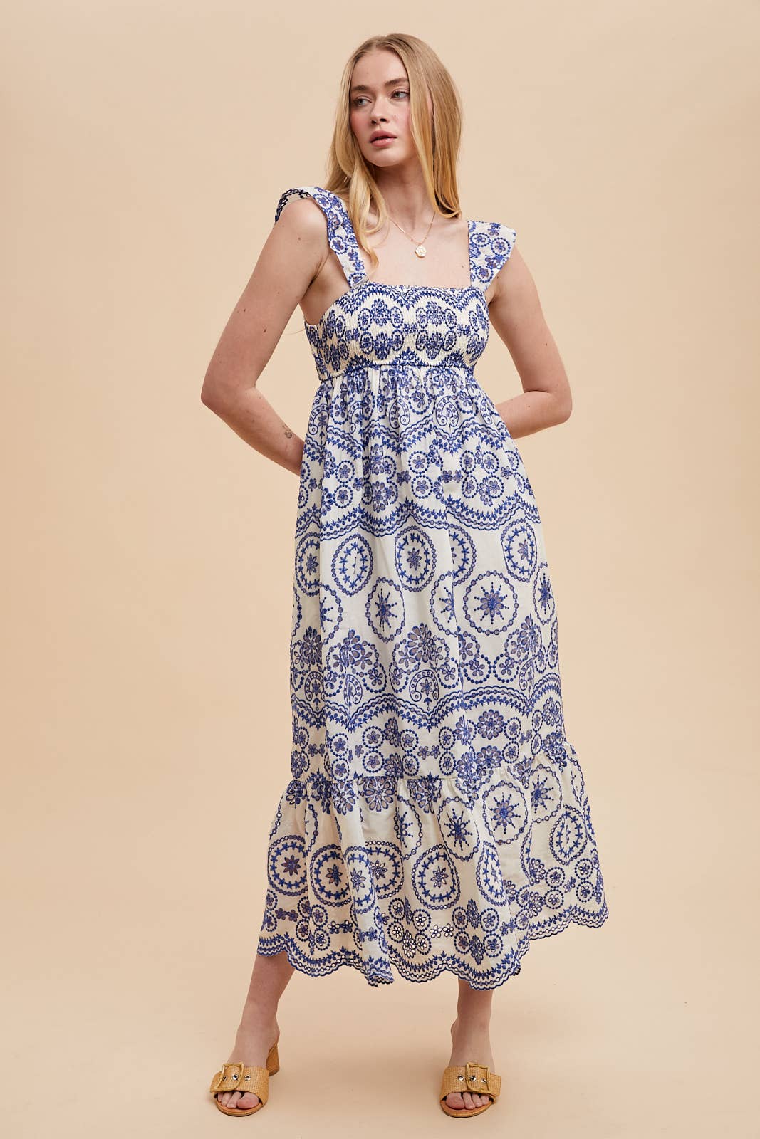 COTTON EMBROIDERED EYELET MAXI DRESS: SANTORINI / ILD6265