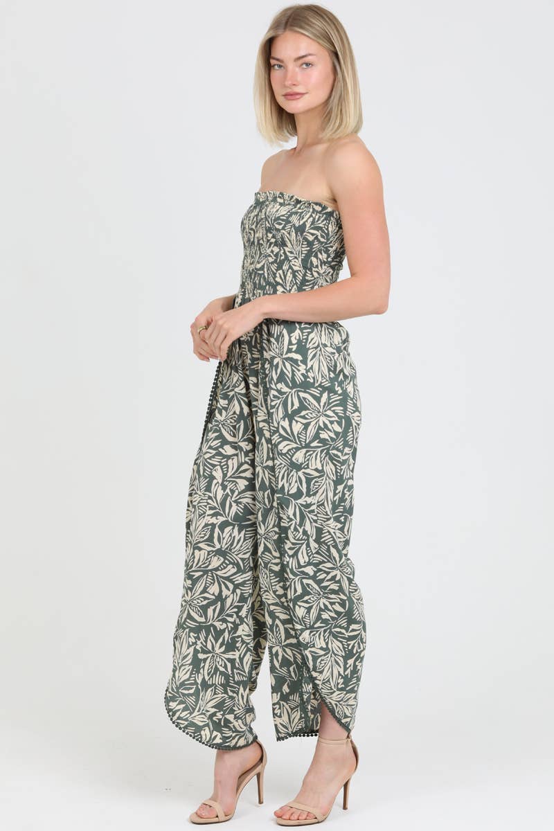B5959-A876 SMOCKED BODICE STRAPLESS WRAP LEG JUMPSUIT