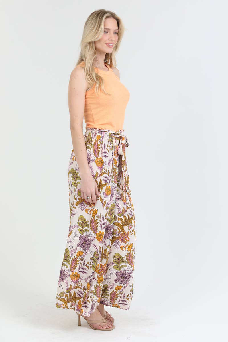 25P63-FQ19 PRINTED WIDE LEG SLIT FRONT PANTS