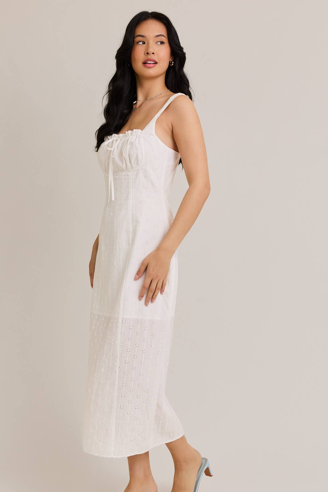 SHIRRED NECK EYELET MAXI DRESS: White