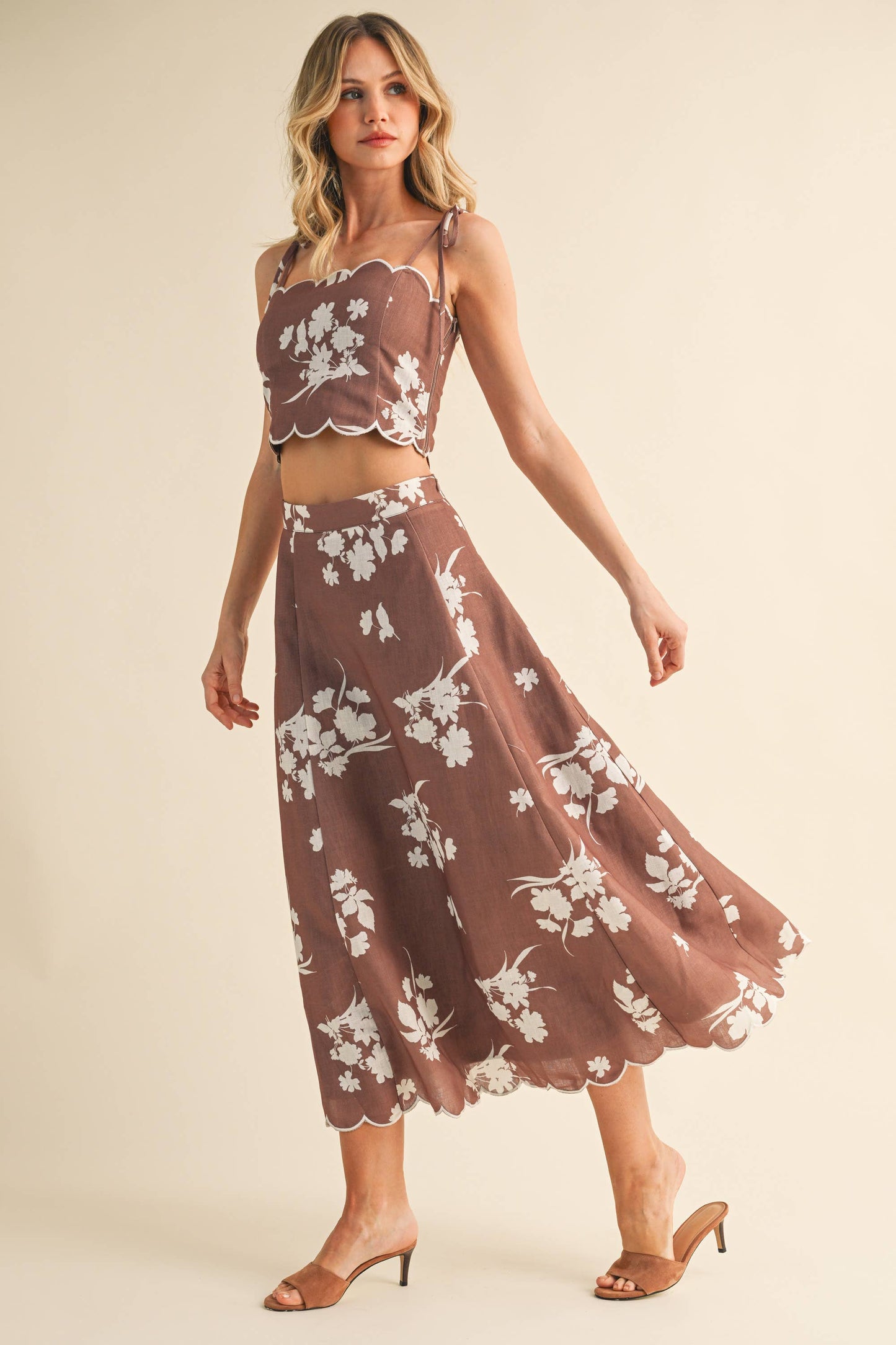 Top onlyyy💖 IST5941 FLORAL SCALLOPED CROP TOP AND MIDI SKIRT SET: IVORY/SAGE