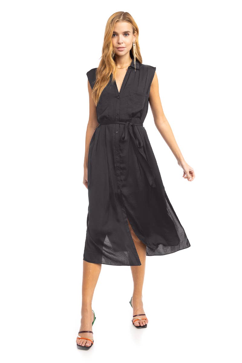 Pleated Shoulder Cap Sleeve Midi Shirt Dress - JD116314: MERLOT
