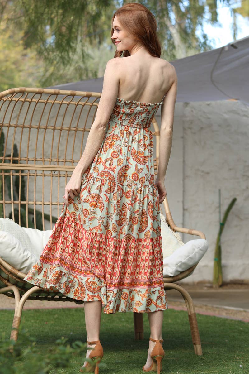 C4A90-A889 SMOCKED BUST STRAPLESS TIERED MAXI DRESS