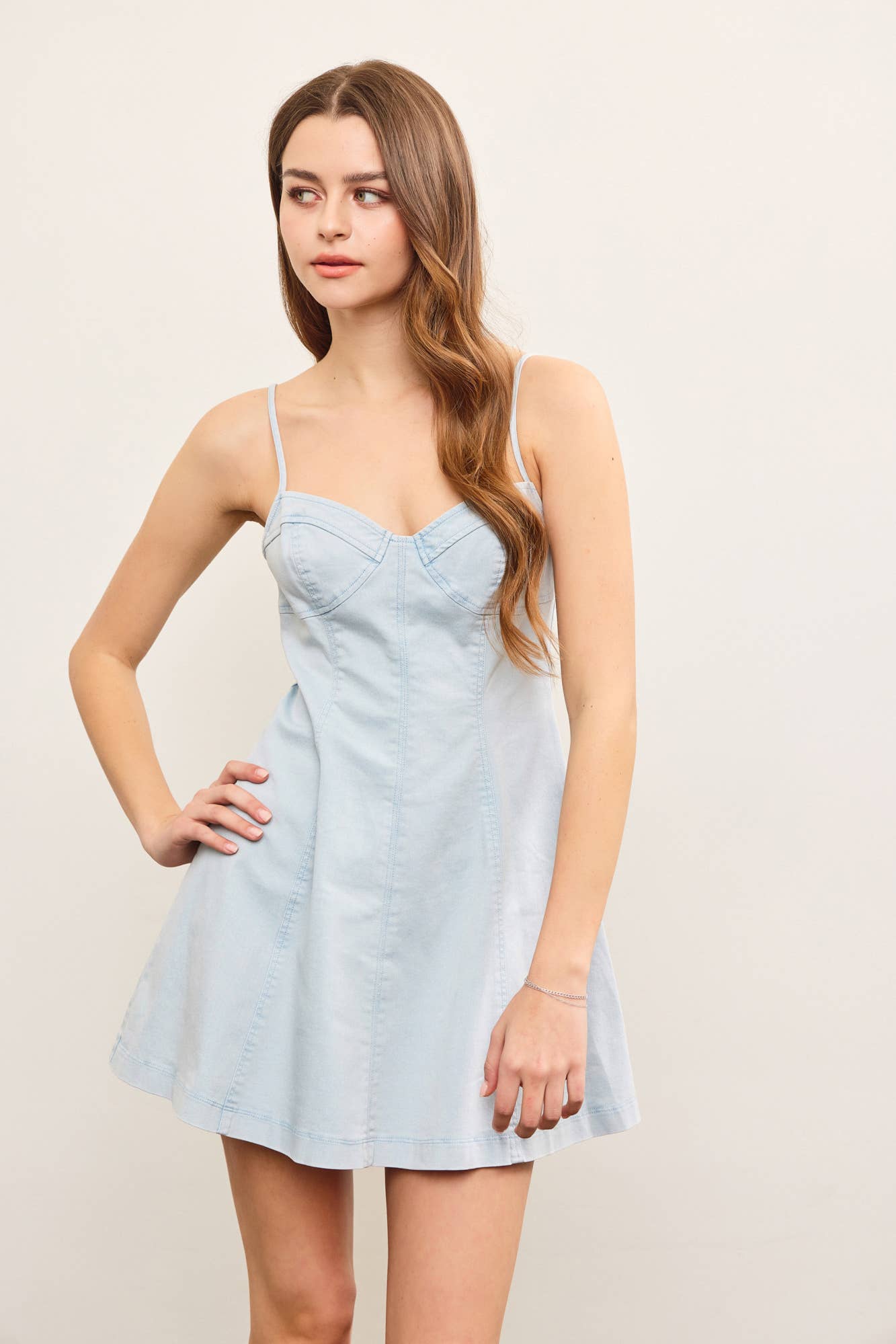 SWEETHEART NECK A LINE DENIM CAMI DRESS: White / DS0841